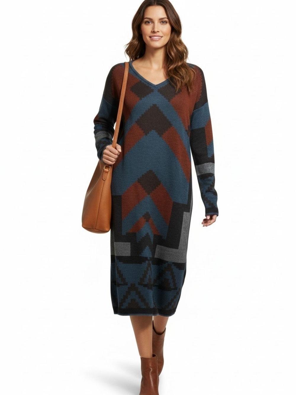 Peruvian Connection Pima Cotton Southwest Tunic Dress S Boho Geometric Knit Midi